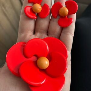 Red enamel Flower Earrings and Brooch Set